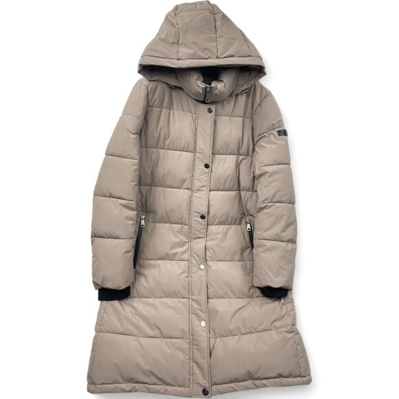 DKNY Long Hooded Puffer Winter Coat Jacket Parka Women's XL Beige Removable Hood - Picture 1 of 11